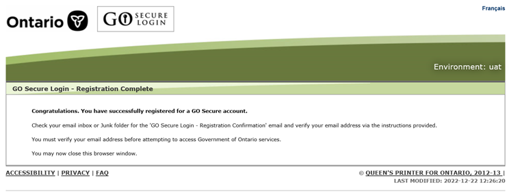 GO Secure Login - Registration complete screen, Congratulations message